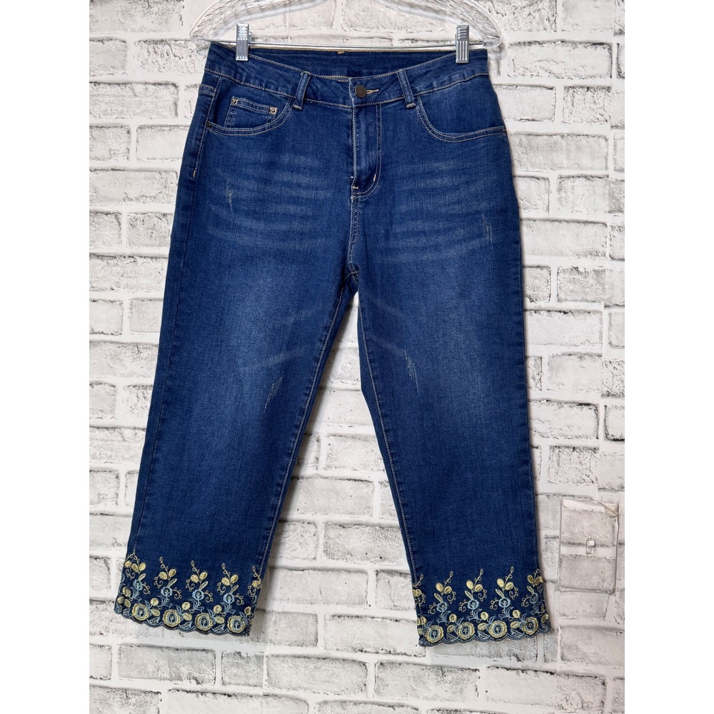Embroidered Hem Cropped Jeans - Blue